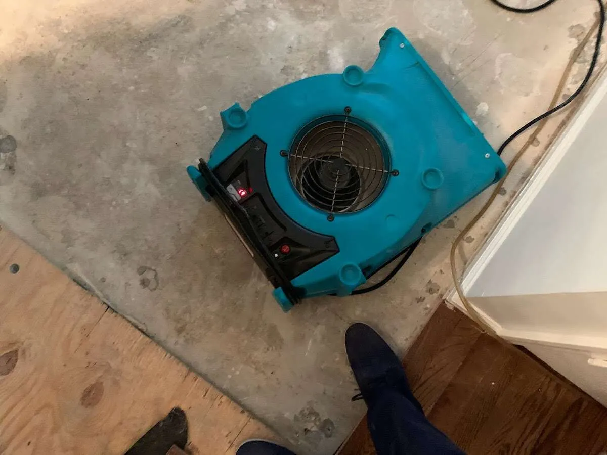 Air mover drying subfloor during Commercial Water Damage Restoration in Affton